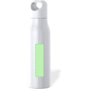 A drink bottle in white with a green highlighted area and a simple design. It features a logo on the surface.