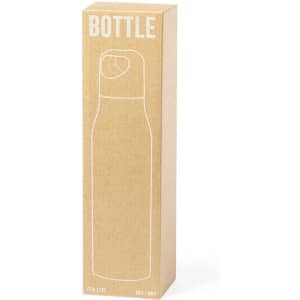 A drink bottle in a brown cardboard box, featuring a simple outline design and a logo.
