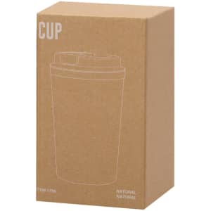 A drink bottle in a cardboard box, depicting a natural-coloured insulated cup design with a lid.
