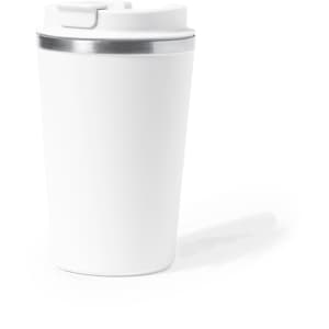 A white insulated travel mug with a silver accent and a lid, featuring a logo.