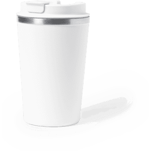 A white insulated travel mug with a silver band and a lid, featuring a logo.