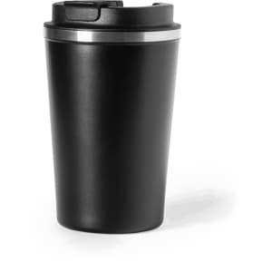 A black insulated travel mug with a silver band and a lid, featuring a logo.