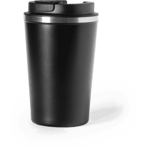 A black insulated travel mug with a silver band and a lid, featuring a logo.