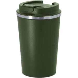 A drink bottle in dark green with a silver band at the top and a secure lid. It has a logo on the surface.