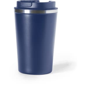 A drink bottle with a navy blue exterior and a silver band, featuring a lid for easy drinking.