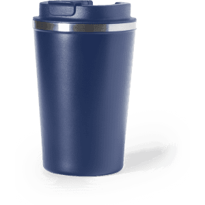 A drink bottle with a blue finish and metallic trim, featuring a secure lid. It has a logo on its side.