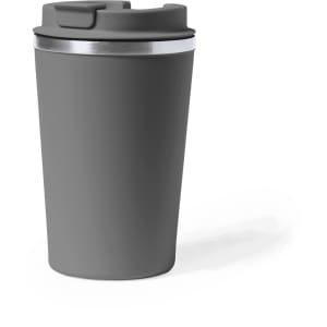 A drink bottle in matte grey with a silver rim and a black lid, featuring a logo.
