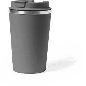 A drink bottle featuring a sleek grey design with a stainless steel band and a secure lid. It has a logo embossed on the side.