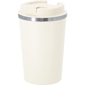 A drink bottle in a cream colour with a silver band at the top and a lid, featuring a logo.