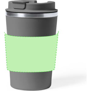 A drink bottle in dark grey with a light green band, featuring a metallic lid and a branding logo.