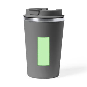 A travel mug in dark grey with a silver lid and a light green rectangular design. Features a logo.