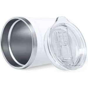 A white insulated travel mug with a silver rim and a clear lid. The interior is metallic grey and features a logo.