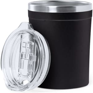 A drink bottle in matte black with a silver rim and a clear lid, featuring a logo on the body.