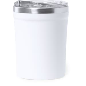 A drink bottle featuring a glossy white exterior, stainless steel lid, and a sleek, insulated design.