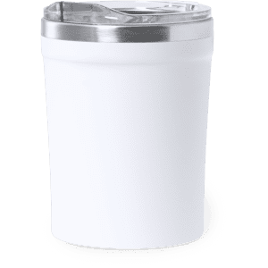 A white insulated travel mug with a stainless steel lid and a logo.