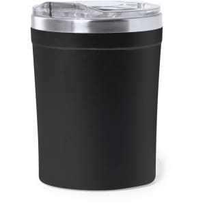 A black insulated cup with a clear lid, featuring a metallic rim and a smooth finish. Branding is present on the cup.
