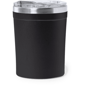 A drink bottle with a sleek black finish and a silver lid, featuring a logo. Ideal for travel and insulated beverages.