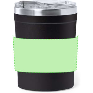 A black insulated travel mug with a silver lid and a placeholder for branding.