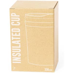 A drink bottle in a cardboard box, labelled "Insulated Cup," features a simple design and a lid.