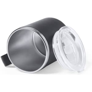 A black insulated travel mug with a stainless steel interior and a clear lid. It features a handle and a sleek design.