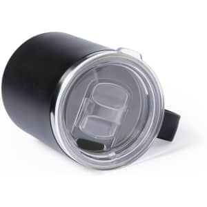A black insulated travel mug with a clear lid and a handle, featuring a logo on the side.