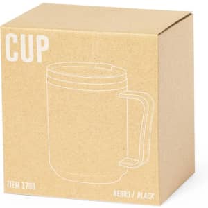 A black insulated mug in a cardboard box, featuring a handle and a lid. The box includes a logo.