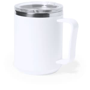 A drink mug with a white exterior, stainless steel lid, and a sturdy handle, featuring a logo on the side.