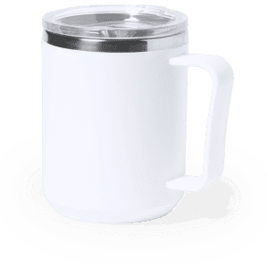 An insulated travel mug in white, featuring a stainless steel lid and a handle for easy carrying.