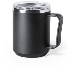 A drink bottle in matte black with a clear lid and a handle, featuring a logo on the side.