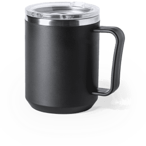 A drink bottle in matte black with a stainless steel lid and handle, designed for travel use.