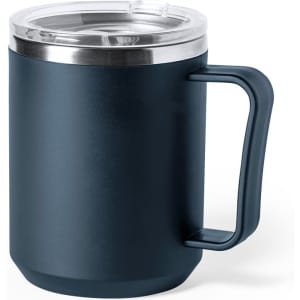 A dark blue insulated travel mug with a silver lid and handle, featuring a logo.
