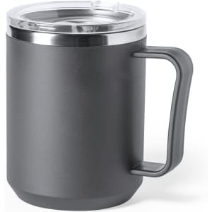 A drink mug with a sleek grey finish, featuring a metal lid and a sturdy handle. Includes a logo.