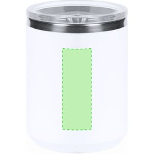An insulated travel mug in white with a stainless steel rim and a light green empty design area.