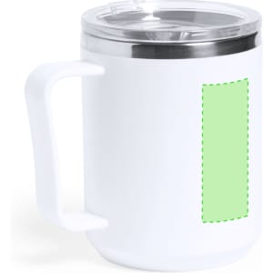 A white insulated travel mug with a stainless steel lid and a green blank area for custom designs.