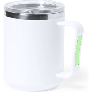 An insulated travel mug in white with a stainless steel lid and a green handle. It features a logo.