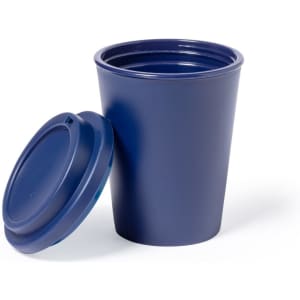 A drink bottle in navy blue with a matching lid, featuring a simple design and a branding logo.