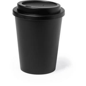 A drink bottle featuring a sleek black design with a lid, suitable for hot or cold beverages. It has a logo.