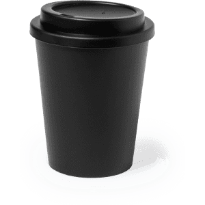 A drink bottle in matte black with a fitted lid, featuring a logo on the side. Ideal for travel and outdoor use.