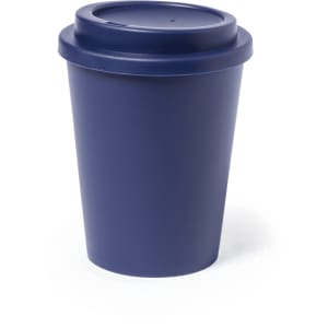 A drink bottle in a navy blue colour, featuring a matching lid and a smooth finish. It has a branded logo.
