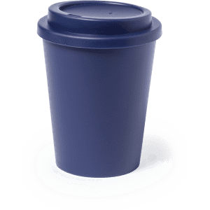 A drink bottle in a deep navy blue with a removable lid, featuring a simple, smooth design.