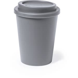 A grey insulated travel mug with a lid and a simple design, featuring a logo on the surface.