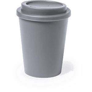 A drink bottle in grey with a removable lid, designed as an insulated travel mug.