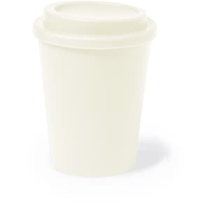 An insulated travel mug in a soft white colour with a matching lid and a simple design. It features a logo.