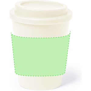 An insulated travel mug in white with a green sleeve and a lid. It features a branding logo.