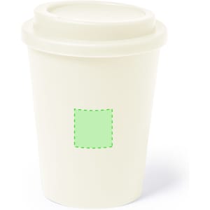 A travel mug in cream colour with a lid and a placeholder for branding. Designed for insulated beverage storage.