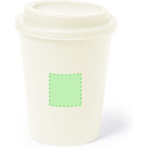 An insulated cream travel mug with a lid, featuring a green outlined area for customisation.