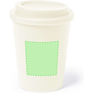 An insulated travel mug in cream with a green blank label area and a matching lid, featuring a logo.