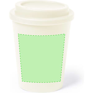A drink bottle featuring a beige insulated cup with a removable lid and a blank green space for custom branding.