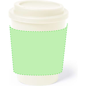 An insulated cup in a cream colour featuring a green sleeve. It has a simple design and round lid.