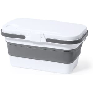 A thermal picnic basket in white and grey, featuring a secured lid and collapsible design. Includes branding.